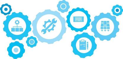 Connected gears and vector icons for logistic, service, shipping, distribution, transport, market, communicate concepts. Mass, production, conveyor gear blue icon set on white background