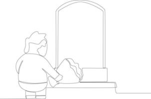 A fat boy visiting the cemetery carrying flowers vector
