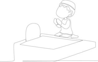 A child in a cemetery praying while raising his hands vector