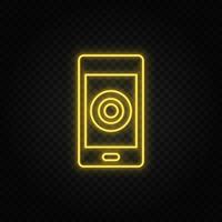 Yellow neon icon mobile, record. Transparent background. Yellow neon vector icon on dark background