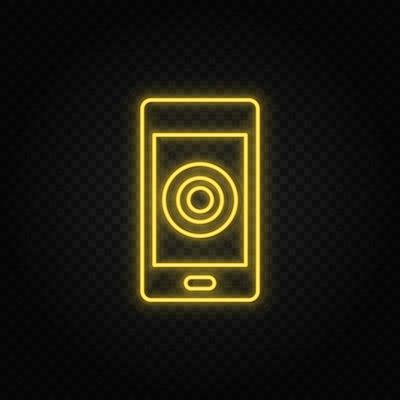 Yellow neon icon mobile, record. Transparent background. Yellow neon vector icon on dark background