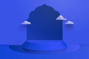 3d indigo blue monotone background with stairs and Arabic dome gate. Suitable for product display or Islamic holiday event.