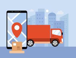 Flat illustration of delivery vehicle transporting parcels in the city with the help of GPS navigation. Mobile application for tracking packages. vector