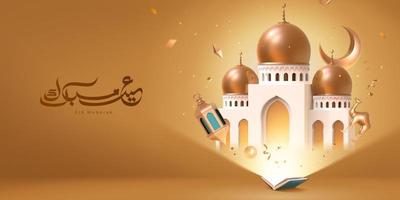 3d Ramadán o islámico fiesta bandera. ligero de abierto Corán saliente un dorado mezquita. traducción, eid Mubarak vector