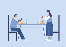 plano ilustración de Pareja sentado a comida mesa y utilizando su Los telefonos sin conversaciones vector