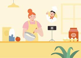 Young woman is standing in the kitchen and watching baking tutorials or learning from online cooking classes. vector