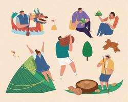 Happy young Asian people enjoying Duanwu activities. Person character set suitable for Dragon boat festival. vector