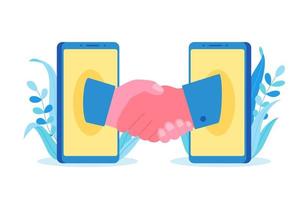 Flat illustration of two hands shaking through phone screens. Concept of digital business partnership or cooperation.
