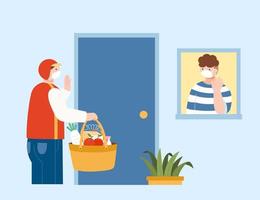 Flat illustration of contactless grocery delivery during covid quarantine. Courier in face mask delivers a bag of groceries to a man in quarantine. vector