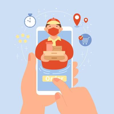 Ordering food online via smartphone during pandemic. Hands making a online food order on phone with a courier wearing face mask delivering boxes through the screen.