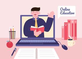 Front view of a young teacher teaching through the computer. Concept of online education, tutorial video, webinar, e learning and business online training. vector