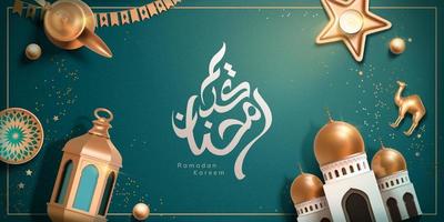 3d Islamic holiday celebration banner, suitable for Ramadan, Raya Hari, Eid al Adha. Top view of cute toys including coffee pot, mosque and metal lantern. vector