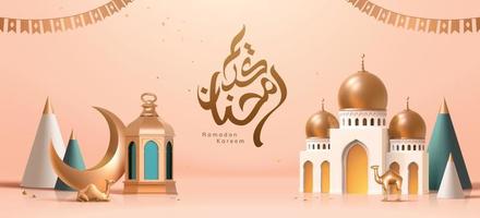 3d Ramadan or Islamic holiday celebration banner layout with mosque, lanterns and camel toys. Translation, Eid Mubarak. vector