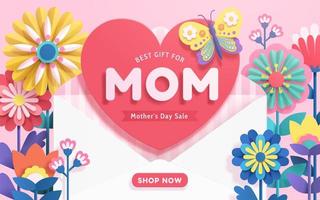 Mother's Day sale template designed in paper cut style on pink background. An opened envelope surrounded by colorful origami flowers sends love as the best gift for mothers.