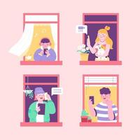Flat illustration of apartment with people in open windows. Concept of daily phone usage. Young people use phone to live stream, listen to music, make video calls or phone calls. vector