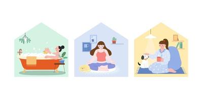 Stay home during quarantine. Illustrations of young women doing different activities at home, including taking bath, doing meditation and enjoying coffee.