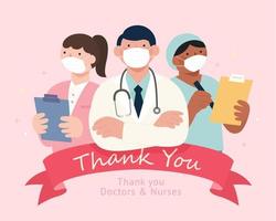 Thank you banner for medical workers. Team of professional medical staffs in face masks standing together. vector