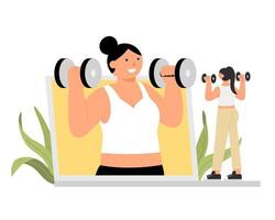 joven mujer aprendizaje pesa ejercicios desde video. concepto hogar gimnasio o haciendo rutina de ejercicio a hogar durante cuarentena. vector
