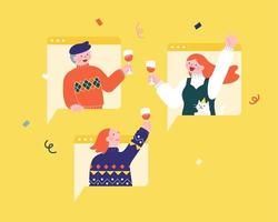 Flat illustration of young people holding wine glasses and making a toast through video chat app. Concept of online party and virtual celebration.