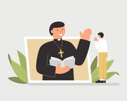 Online live Sunday church service. Catholic priest or pastor is giving a speech to a boy through video calling. vector