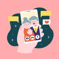 Flat illustration of female hand holding a mobile phone with a video call from grandparents. vector