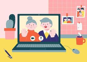 Flat illustration of senior people video calling on laptop. Concept of keeping in touch with family during covid quarantine. vector
