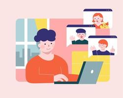 Man doing video call with colleague or students on laptop. Flat style illustration of home schooling or working from home. vector
