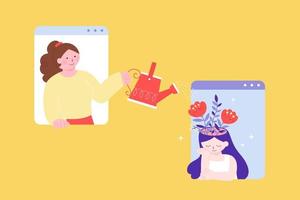 Woman watering flowering plant in woman's head, flat style illustration. Woman comforting sad woman with the help of mobile phone. Concept of mental health support via technology. vector