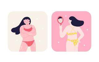 Woman with vitiligo embraces her body, while another woman with freckles looks in mirror, flat illustration. Love your body and world vitiligo day concept. vector