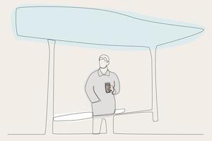 Color illustration of a man waiting for the bus while drinking coffee vector