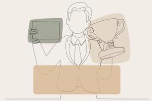 Colored design of an employee holding a trophy and certificate vector