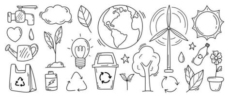 Happy Earth day concept, 22 April, element vector set. Save the earth, globe, recycle symbol in simple drawing doodle style. Eco friendly minimal design for web, banner, campaign, social media post.