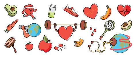 World health day concept, 7 April, element vector set. Hand drawn doodle style of exercise heart, diet food, nutrition, sport, globe, medicine. Design for web, banner, campaign, social media post.