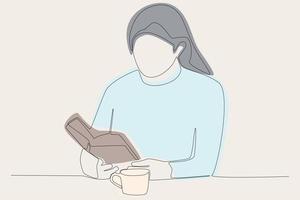 Colored illustration of a woman reading a book in a cafe vector