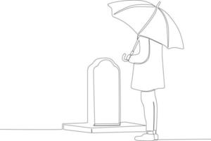 A man with umbrella visits the cemetery vector