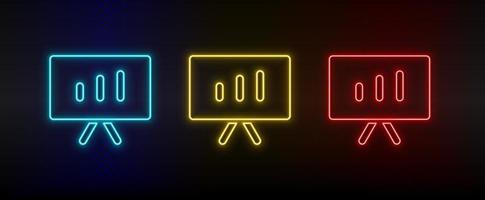 Neon icon set analytics, diagram board. Set of red, blue, yellow neon vector icon on dark transparent background