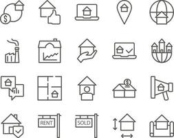 house, plan set vector icons. Real estate icon set. Simple Set of Real Estate Related Vector Line Icons. Contains such Icons as Map, Plan, Bedrooms on white background