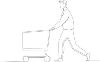 A man walking around the mall carrying a trolley vector