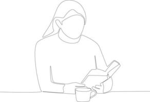 A woman with long hair reading a novel in a cafe vector