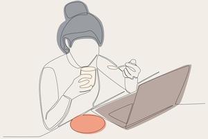 colored illustration of a woman opening a laptop and drinking coffee vector