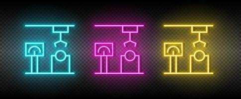 industrial arm, loading robot neon icon set. Technology vector illustration neon blue, yellow, red icon set