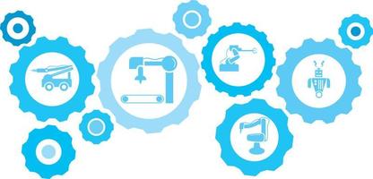 Robot, icon, technology, industry, factory blue gear set. Abstract background with connected gears and icons for logistic, service, shipping, distribution, transport, market, communicate concepts vector