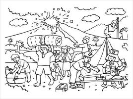 Vector illustration of people help each other when a volcanic eruption occurs. Suitable for coloring book, coloring pages, poster, etc