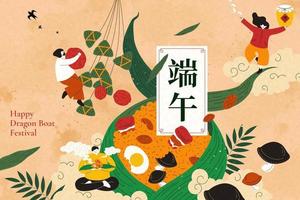 personas disfrutar gigante tradicional comida arroz bola de masa hervida como celebracion para continuar barco festival. duanwu fiesta nombre escrito en chino vector