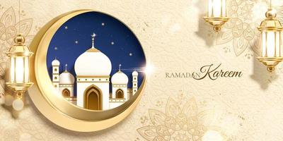 3d Islamic holiday celebration banner designed with metal crescent moon and paper cut mosque. Background suitable for Ramadan, Eid al-Fitr or Hari Raya. vector