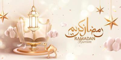 3d holiday greeting banner with glowing arabic lantern and holy book quran over white bokeh background, Arabic calligraphy text Ramadan Kareem for the holy month vector