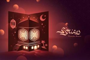 Scarlet color glowing pop-up paper mosque design, Elegant bokeh background suitable for Ramadan, Eid al Fitr or Hari Raya. Translation, Ramadan kareem vector