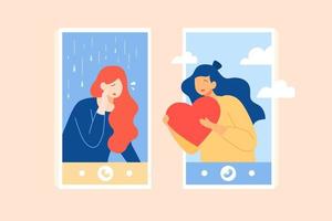 Flat illustration of comforting a friend on the phone. A woman comforts her good friend who feeling sad and sending her a big heart as support on the video call vector