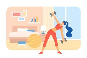 plano ilustración de dormitorio pesa rutina de ejercicio a hogar. mujer en aptitud atuendo hacer ejercicio utilizando pesas