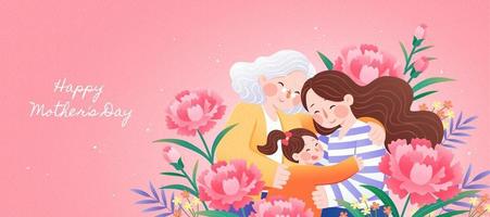 Tres generaciones todas juntos celebrando contento de la madre día con brazos participación cada otros y ser rodeado por clavel flores vector
